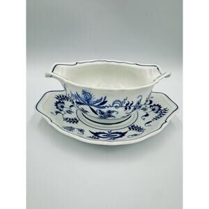 Vintage Blue Danube Blue Onion Gravy Boat with Attached Underplate